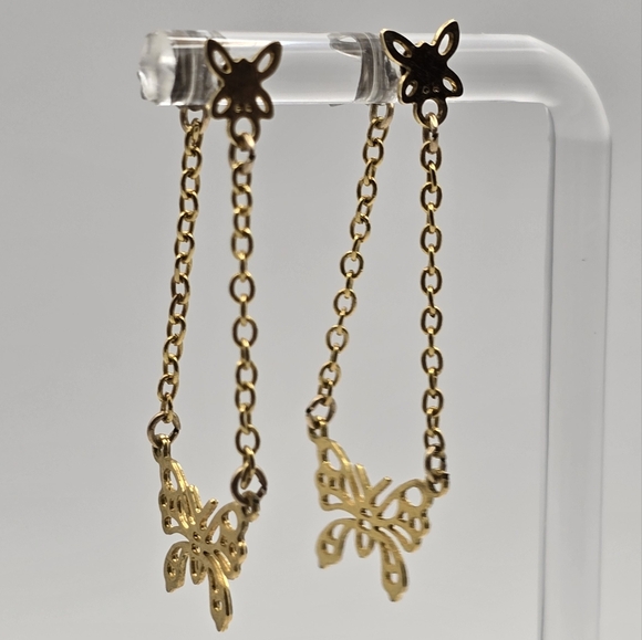 Vintage Earrings Butterfly Stud & Drop Attached Back Chain Gold Tone Unbranded - Picture 2 of 7